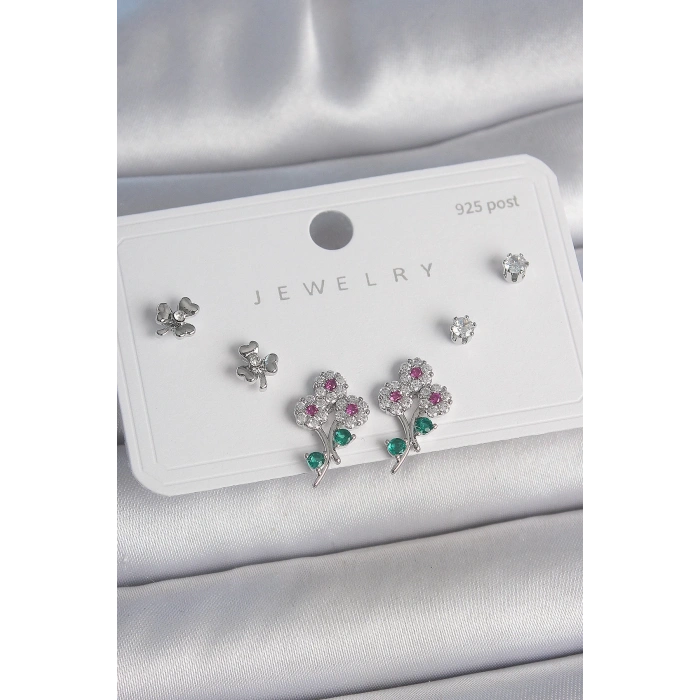 BFS Pirinç Gümüş Renk Renkli Zirkon Taşlı Çiçek Model Yaprak Detay 925 Ayar Gümüş Çivi Kadın Küpe Seti