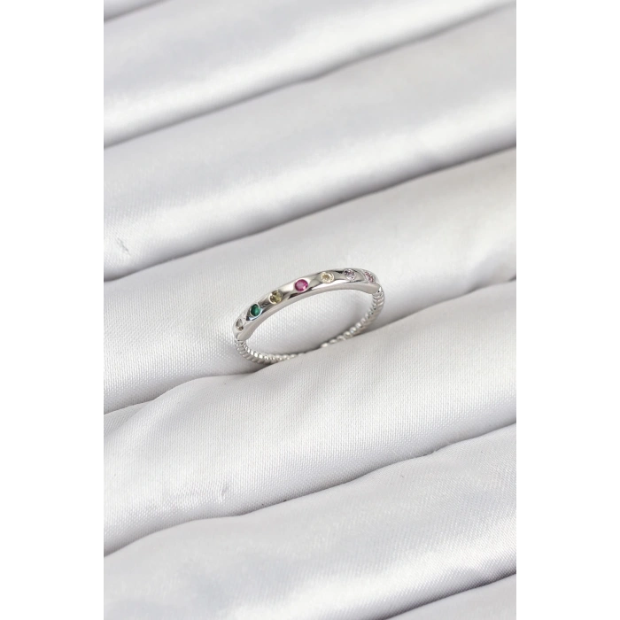 BFS Pirinç Gümüş Renk Renkli Zirkon Taşlı Kadın Yüzük