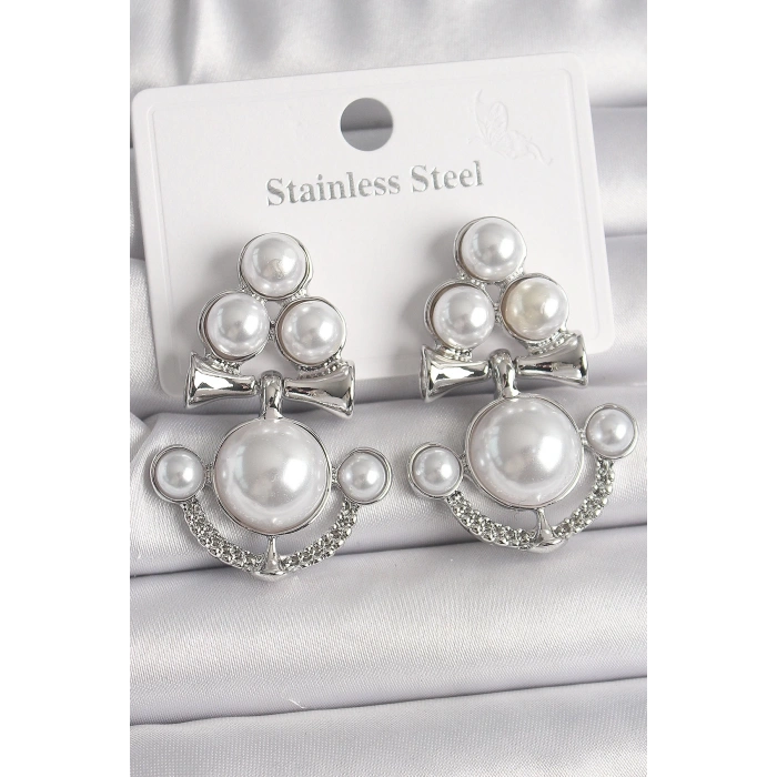 BFS Pirinç Gümüş Renk Sallantı İncili Çapa Model Kadın Küpe