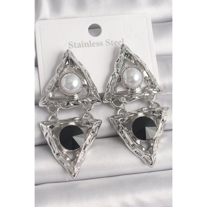 BFS Pirinç Gümüş Renk Sallantı Üçgen Model İnci Detay Kadın Küpe