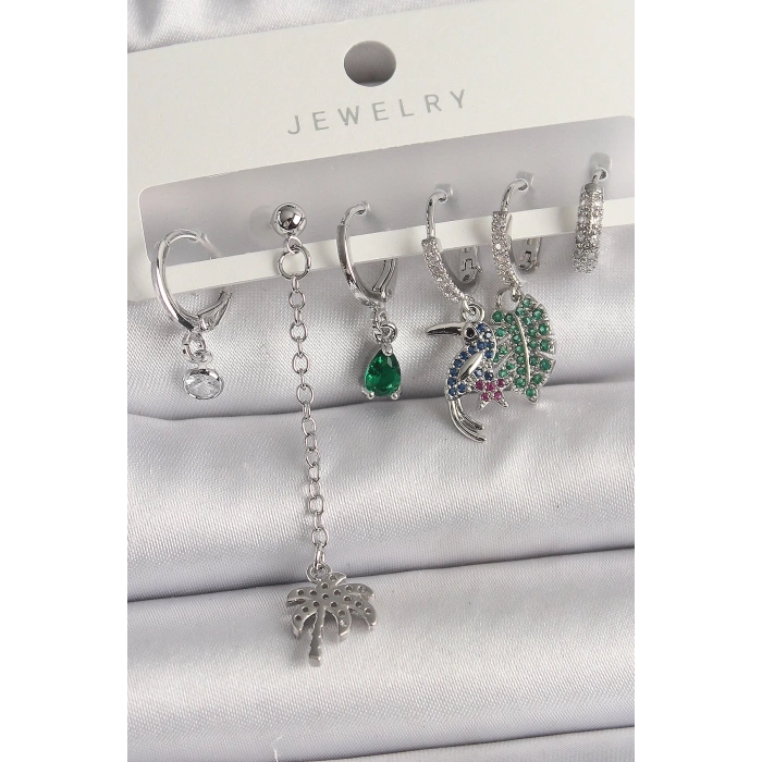 BFS Pirinç Gümüş Renk Sallantı Zirkon Taşlı Ağaç Figür Çoklu Kadın Küpe Seti