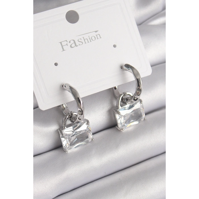 BFS Pirinç Gümüş Renk Sallantı Zirkon Taşlı Çanta Model Kadın Küpe