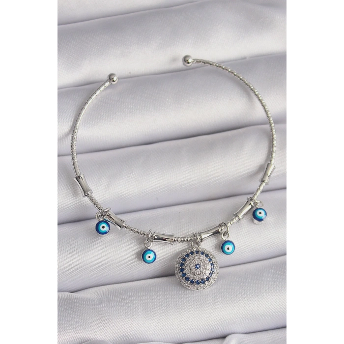 BFS Pirinç Gümüş Renk Sallantı Zirkon Taşlı Nazar Boncuk Figür Charm Bileklik