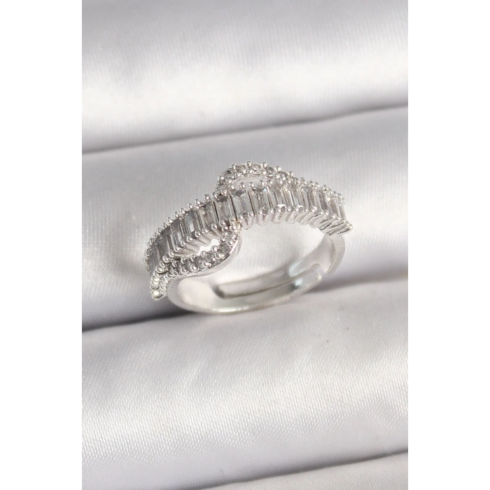 BFS Pirinç Gümüş Renk Su Yolu Zirkon Taşlı Ayarlanabilir Model Kadın Yüzük