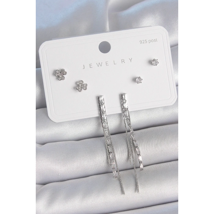 BFS Pirinç Gümüş Renk Su Yolu Zirkon Taşlı Sallantı Model Çiçek Detay 925 Ayar Gümüş Çivi Kadın Küpe Seti