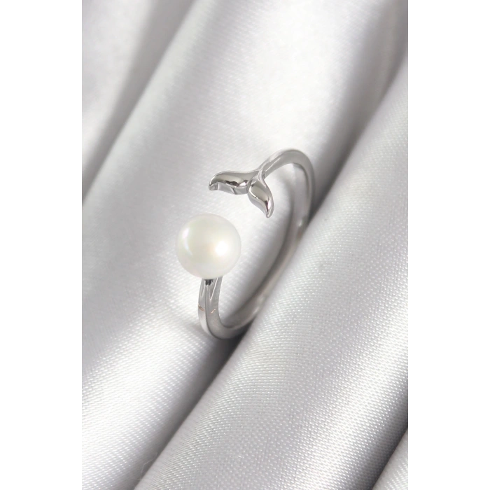 BFS Pirinç Gümüş Renk Top İnci Figür Balık Kuyruğu Model Kadın Yüzük