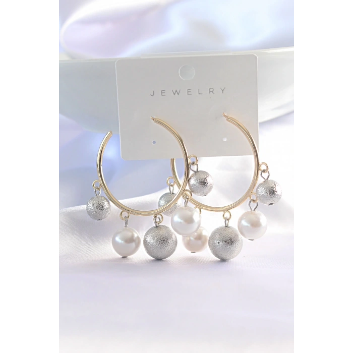 BFS Pirinç Gümüş Renk Topçuk Model Gold Renk Halka Küpe