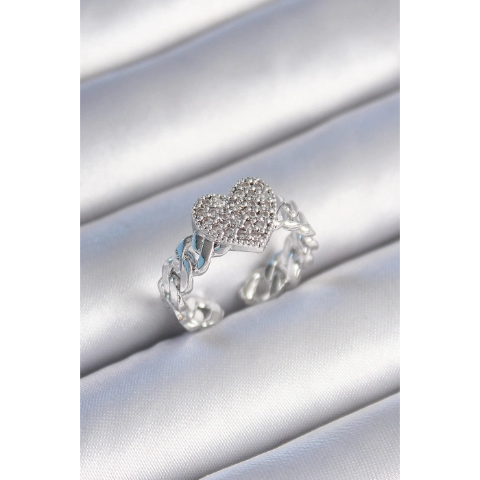 BFS Pirinç Gümüş Renk Zincir Kordon Zirkon Taşlı Kalp Model Kadın Yüzük