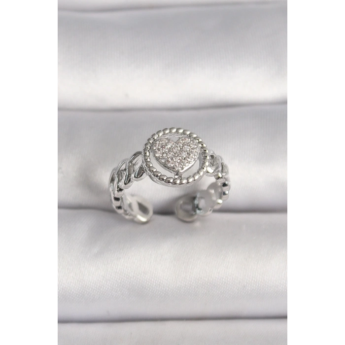 BFS Pirinç Gümüş Renk Zincir Model Zirkon Taşlı Kalp Model Kadın Yüzük