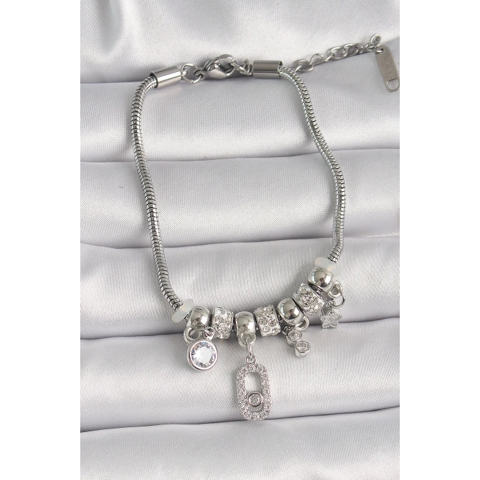 BFS Pirinç Gümüş Renk Zincir Sallantı Zirkon Taşlı Messika Figür Yıldız Detay Kadın Bileklik