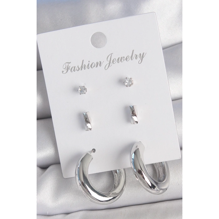 BFS Pirinç Gümüş Renk Zirkon Taş Detay Halka Model 3 Çift Kadın Küpe Seti