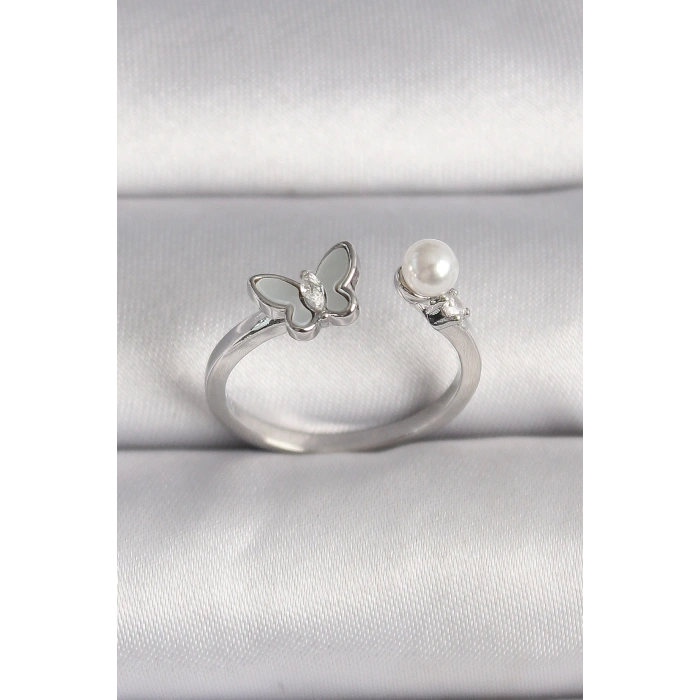 BFS Pirinç Gümüş Renk Zirkon Taş Detaylı Beyaz Mineli Kelebek Figür İnci Detay Ayarlanabilir Yüzük