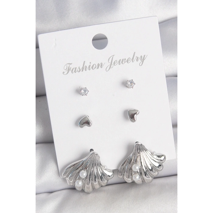 BFS Pirinç Gümüş Renk Zirkon Taş Detaylı İnci Detaylı Deniz Kabuğu Model 3 Çift Kadın Küpe