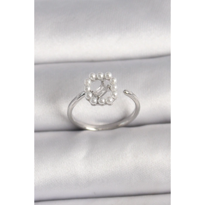 BFS Pirinç Gümüş Renk Zirkon Taş Detaylı İncili Ayarlanabilir Yüzük