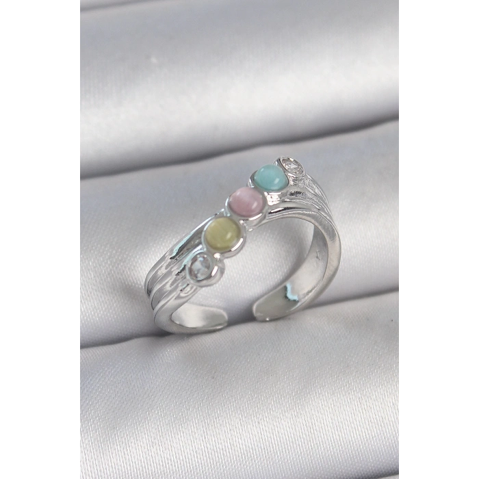 BFS Pirinç Gümüş Renk Zirkon Taş Detaylı Renkli Mineli Ayarlanabilir Kadın Yüzük