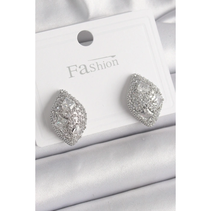 BFS Pirinç Gümüş Renk Zirkon Taş İşlemeli Damla Model Kadın Küpe