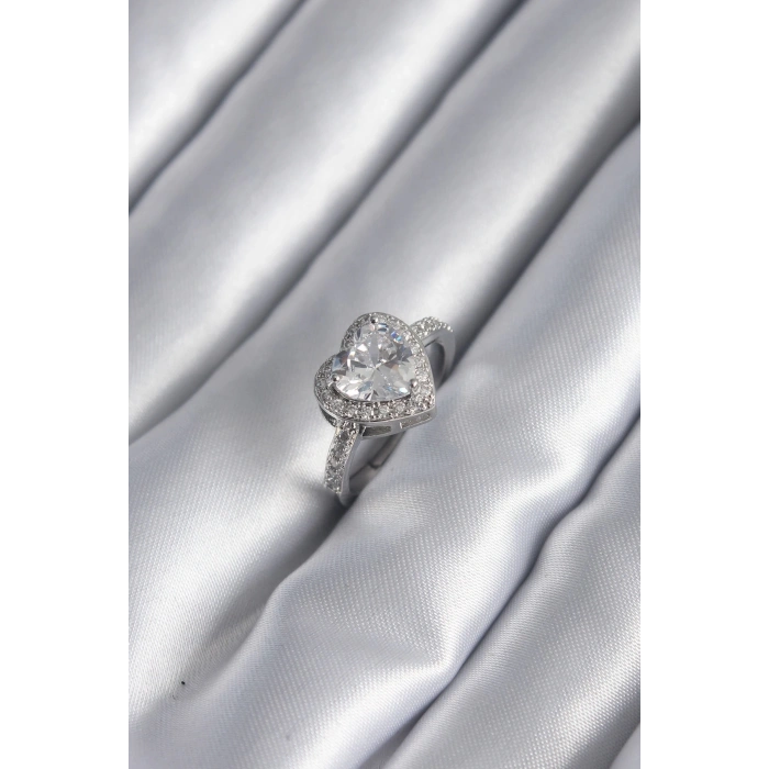 BFS Pirinç Gümüş Renk Zirkon Taş Kalp Charm Model Kadın Yüzük