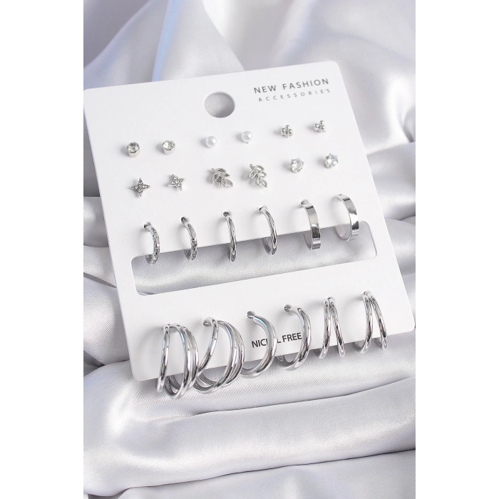 BFS Pirinç Gümüş Renk Zirkon Taşlı 12 Çift Küpe Seti