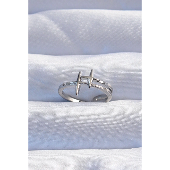 BFS Pirinç Gümüş Renk Zirkon Taşlı 2li Görünüm Ayarlanabilir Yıldız Model Yüzük