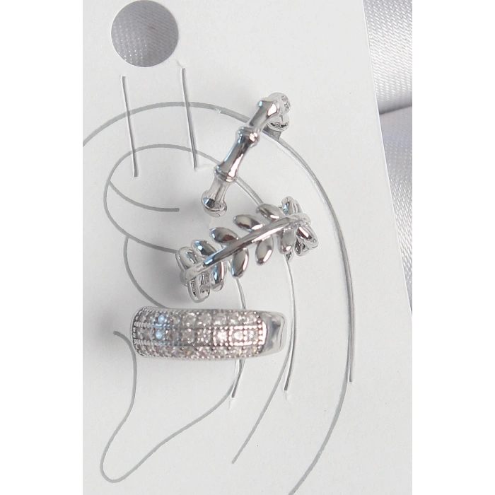 BFS Pirinç Gümüş Renk Zirkon Taşlı 3Lü Model Yaprak Figür Kadın Kıkırdak Küpe