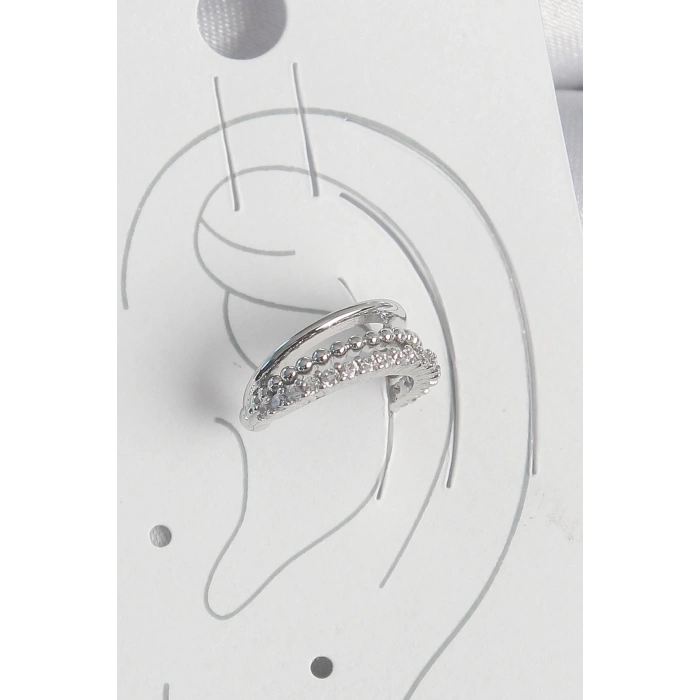 BFS Pirinç Gümüş Renk Zirkon Taşlı 3Lü Sıralı Kadın Kıkırdak Küpe