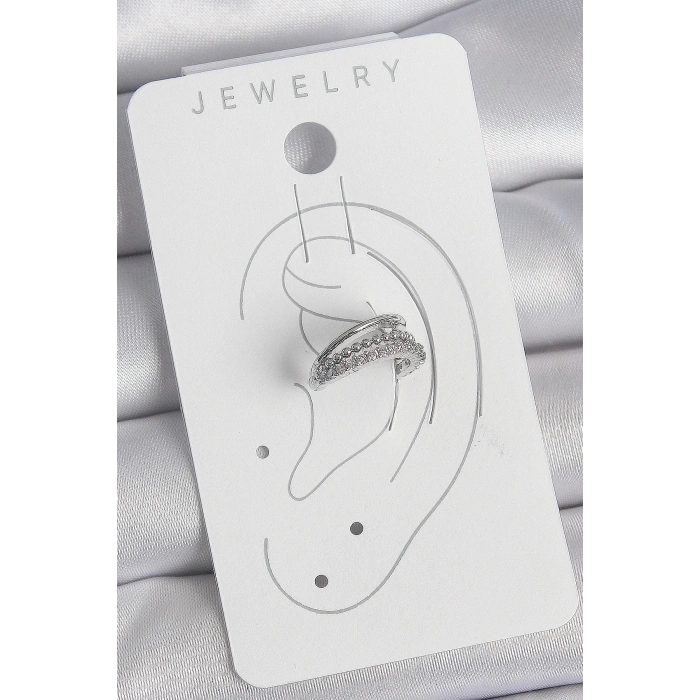 BFS Pirinç Gümüş Renk Zirkon Taşlı 3Lü Sıralı Kadın Kıkırdak Küpe