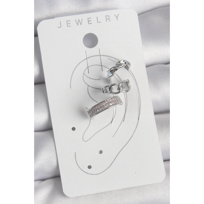 BFS Pirinç Gümüş Renk Zirkon Taşlı 3Lü Zincir Sarmal Model Kadın Kıkırdak Küpe