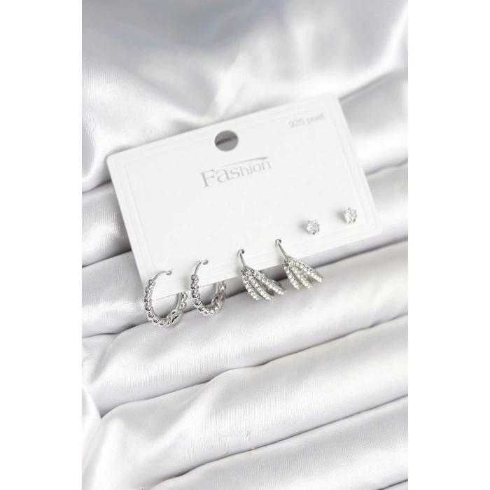 BFS Pirinç Gümüş Renk Zirkon Taşlı 925 Gümüş Çivili Kadın Küpe Seti