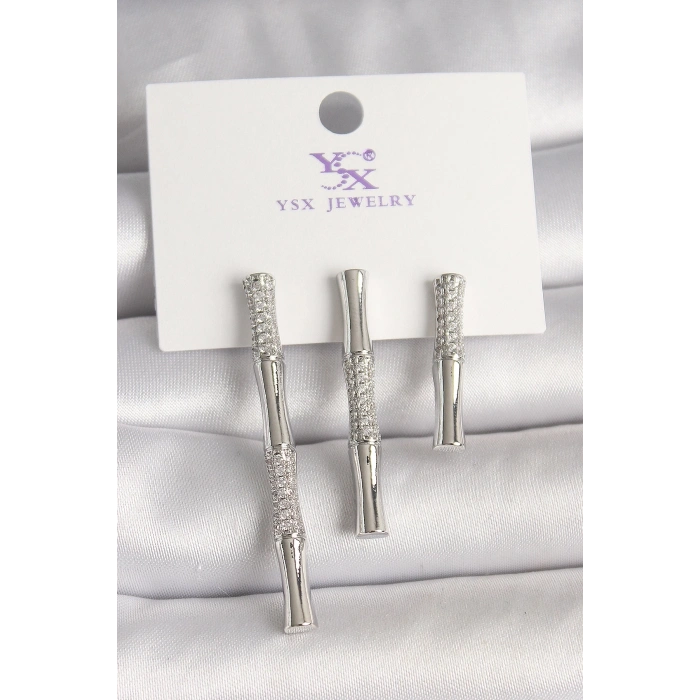 BFS Pirinç Gümüş Renk Zirkon Taşlı Bambu Model 3Lü Kadın Kombin Küpe