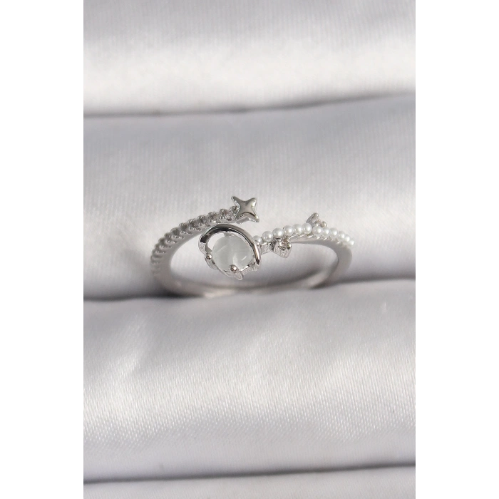 BFS Pirinç Gümüş Renk Zirkon Taşlı Beyaz Mineli Yıldız Detay Ayarlanabilir Kadın Yüzük