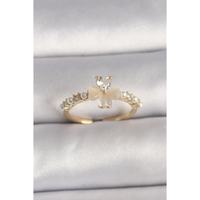 BFS Pirinç Gümüş Renk Zirkon Taşlı Beyaz Mineli Yonca Model İnci Detay Ayarlanabilir Yüzük