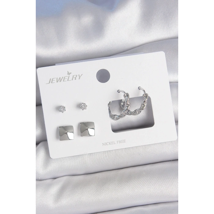 BFS Pirinç Gümüş Renk Zirkon Taşlı Burgu Halka Model Kare Detay 3 Çift Kadın Küpe Seti