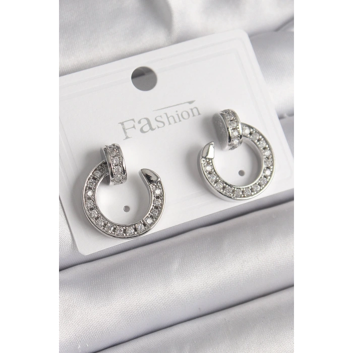 BFS Pirinç Gümüş Renk Zirkon Taşlı Çivi Halka Model Kadın Küpe