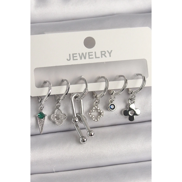 BFS Pirinç Gümüş Renk Zirkon Taşlı Çoklu Figür Kadın Küpe Seti