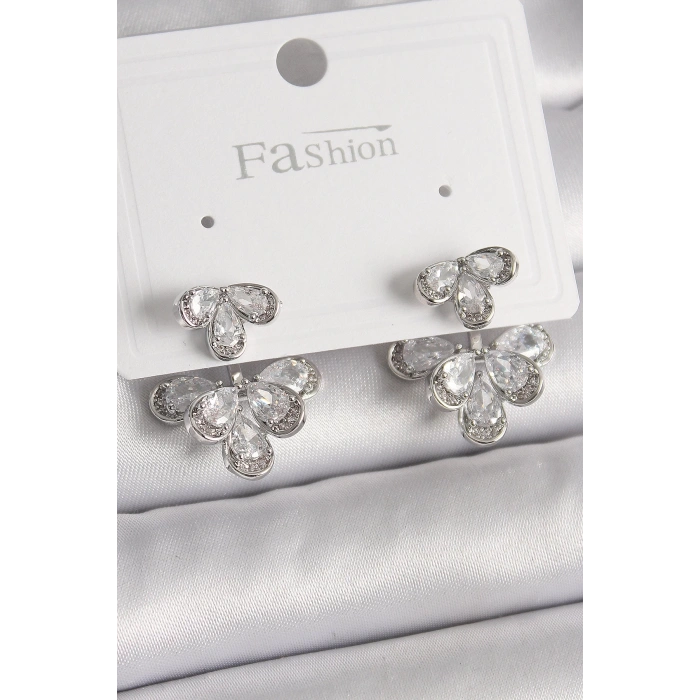 BFS Pirinç Gümüş Renk Zirkon Taşlı Damla Model Kadın Küpe