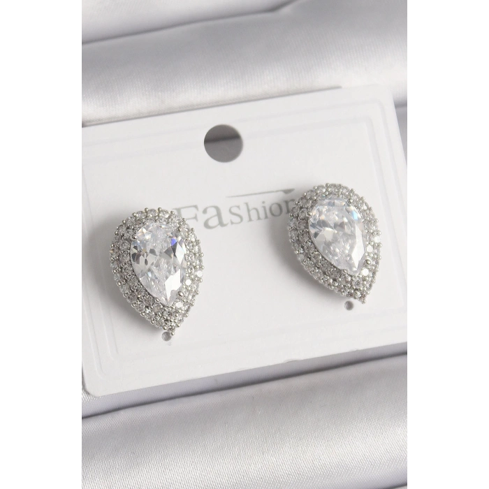 BFS Pirinç Gümüş Renk Zirkon Taşlı Damla Model Kadın Küpe