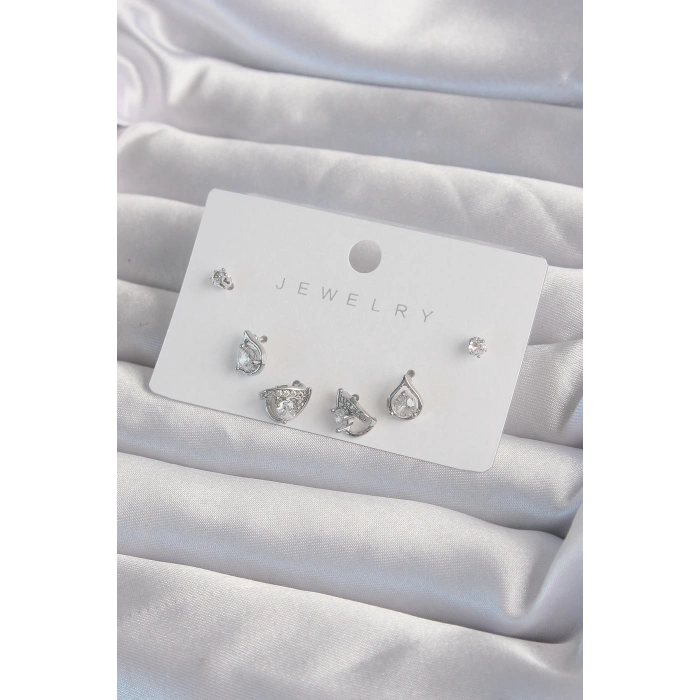 BFS Pirinç Gümüş Renk Zirkon Taşlı Damla Model Küpe Seti