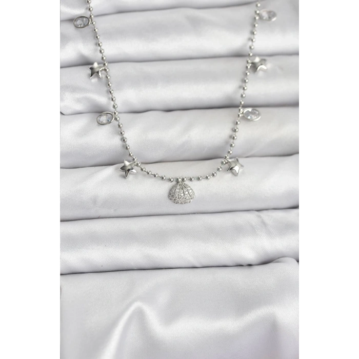 BFS Pirinç Gümüş Renk Zirkon Taşlı Deniz Kabuğu Model Kadın Kolye