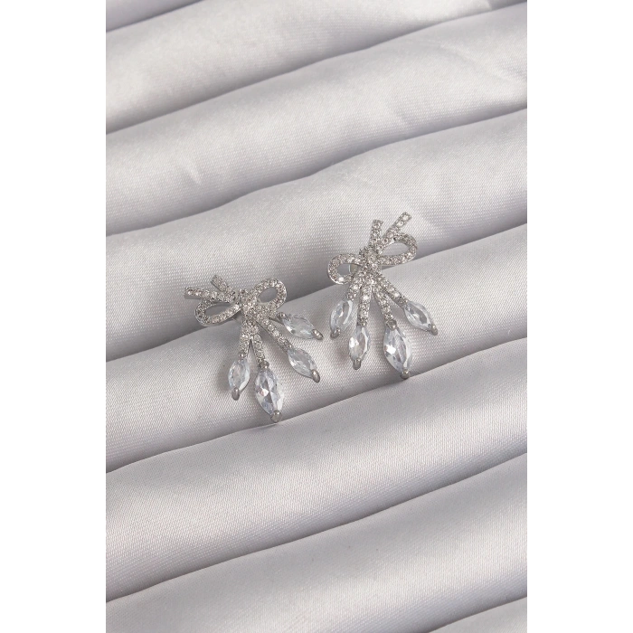 BFS Pirinç Gümüş Renk Zirkon Taşlı Fiyonk Küpe