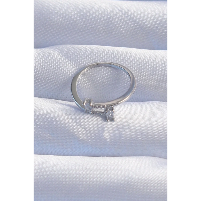 BFS Pirinç Gümüş Renk Zirkon Taşlı Geometrik Ayarlanabilir Yüzük