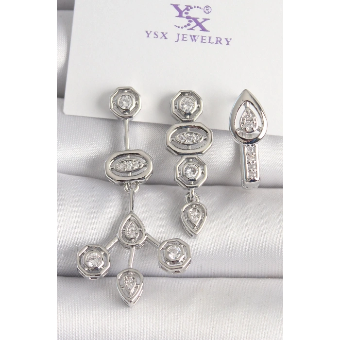 BFS Pirinç Gümüş Renk Zirkon Taşlı Geometrik Model 3Lü Kadın Kombin Küpe