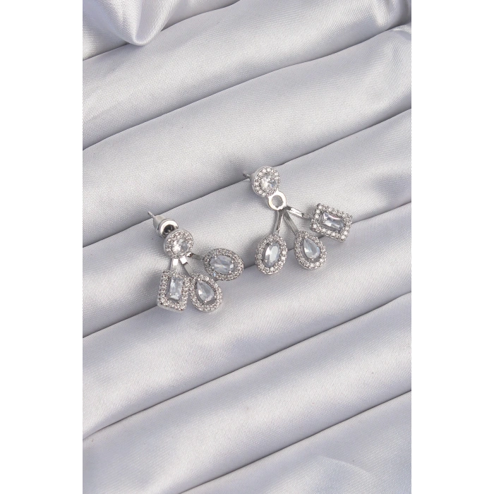 BFS Pirinç Gümüş Renk Zirkon Taşlı Geometrik Model Küpe