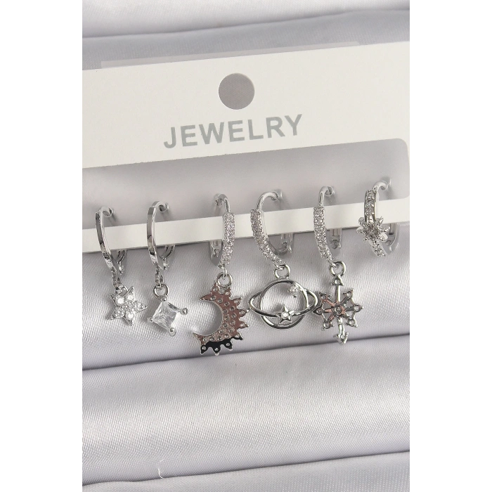 BFS Pirinç Gümüş Renk Zirkon Taşlı Gezgen Model Kadın Küpe Seti