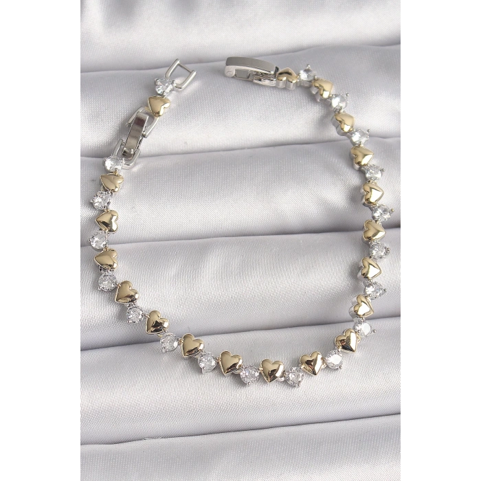 BFS Pirinç Gümüş Renk Zirkon Taşlı Gold Kalpli VIP Seri Kadın Bileklik