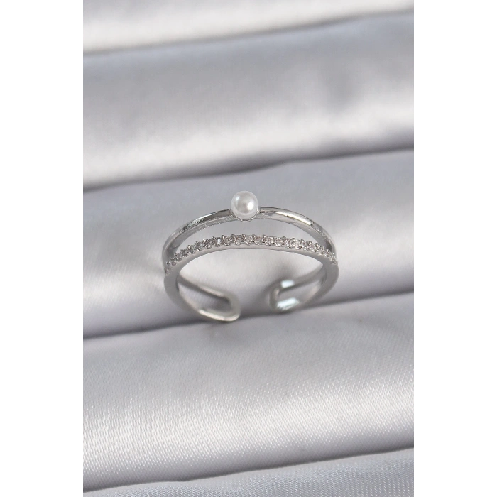 BFS Pirinç Gümüş Renk Zirkon Taşlı İnci Detay Ayarlanabilir Model Kadın Yüzük