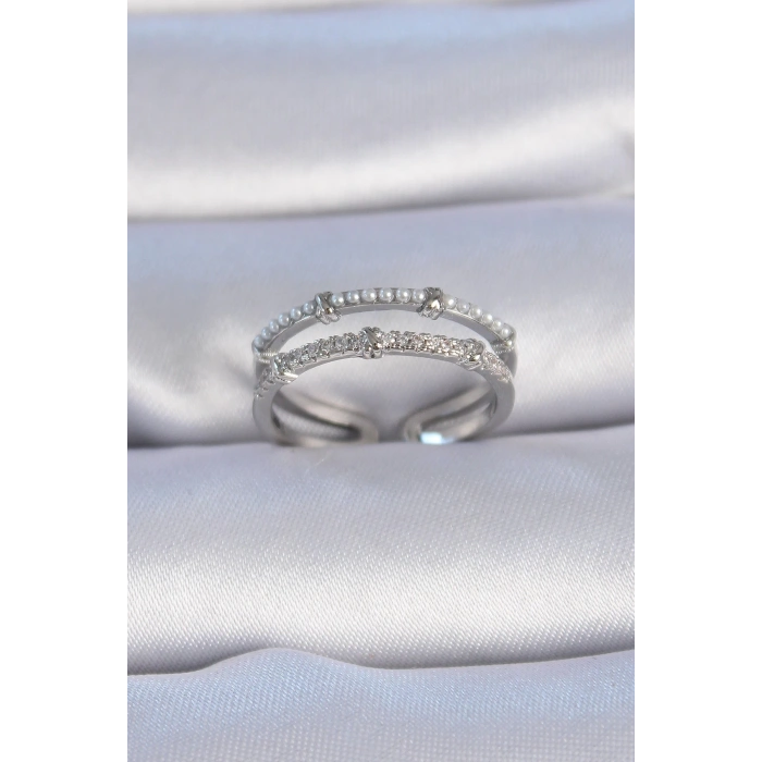 BFS Pirinç Gümüş Renk Zirkon Taşlı İnci Detay Kadın Yüzük