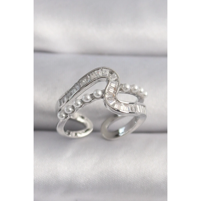 BFS Pirinç Gümüş Renk Zirkon Taşlı İnci Detay VIP Seri Kadın Yüzük