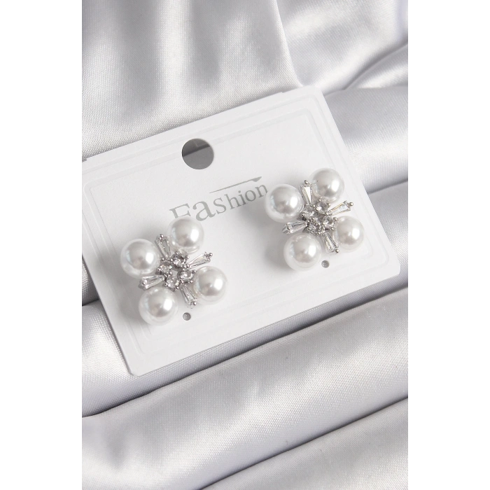 BFS Pirinç Gümüş Renk Zirkon Taşlı İncili Kadın Küpe