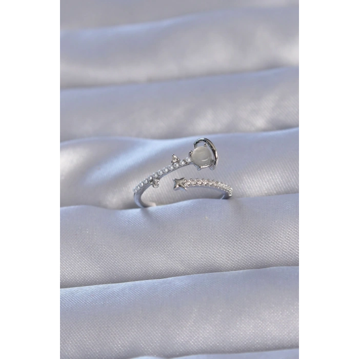 BFS Pirinç Gümüş Renk Zirkon Taşlı İncili Satürn Model Ayarlanabilir Yüzük