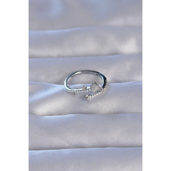 BFS Pirinç Gümüş Renk Zirkon Taşlı İncili Satürn Model Ayarlanabilir Yüzük